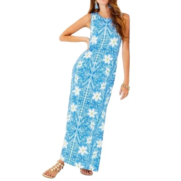 Lilly Pulitzer Noelle Maxi Dress Lunar Blue My Flutter Half Engineered Small - Picture 1 of 7